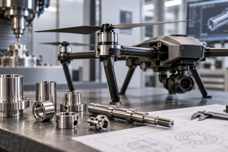 Drone con supporti motore torniti in alluminio accanto a componenti metallici di precisione, calibro e disegno tecnico in officina